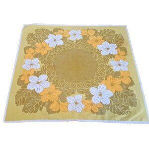 Vintage Block Print Tablecloth Centerpiece Small Yellow Floral Mid Century 30x35